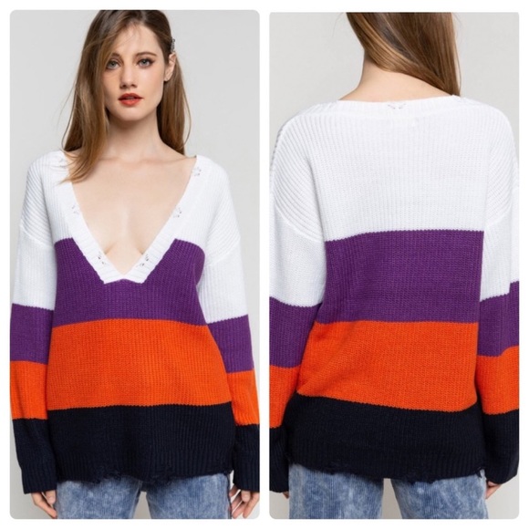 *Boutique Clearance* POL Colorblock Distressed Deep V Neck Sweater - Picture 5 of 8